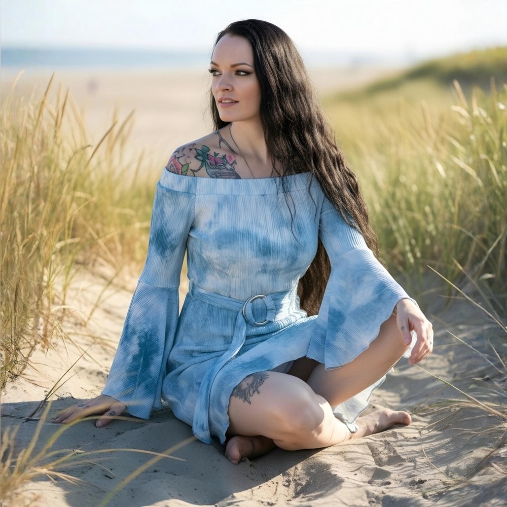 VENUS Sky Blue Tie Dye Bell Sleeve Belted Boho Mini Off Shoulder Rayon Size 6 - Picture 3 of 17